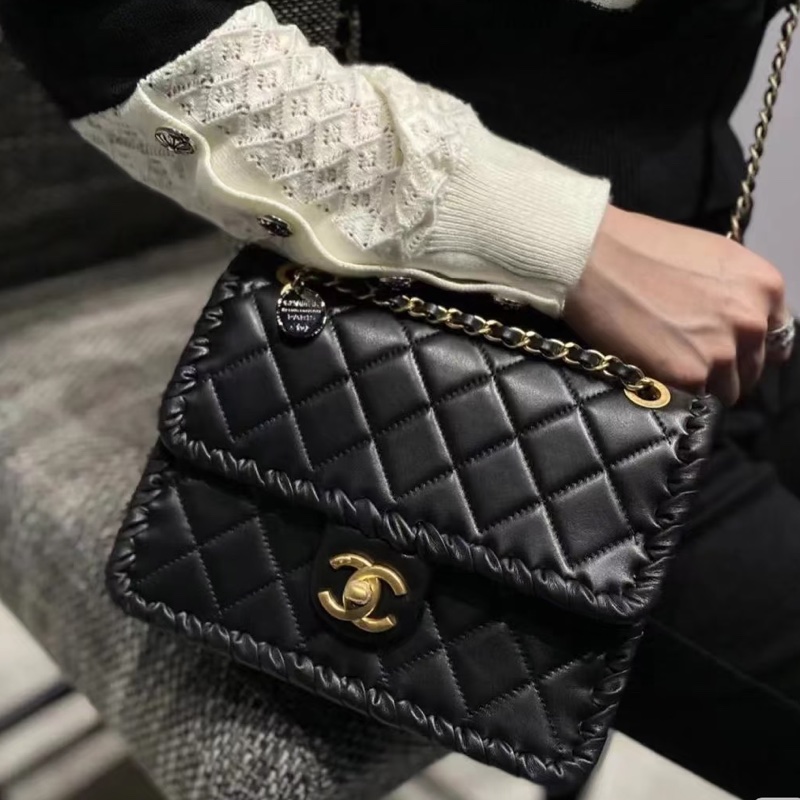 高級百搭款💎限時低價😍Chanel香奈兒黑金康鵬金幣鏈條菱格紋滾邊22年早春新款豆腐包單肩斜挎手提包-1