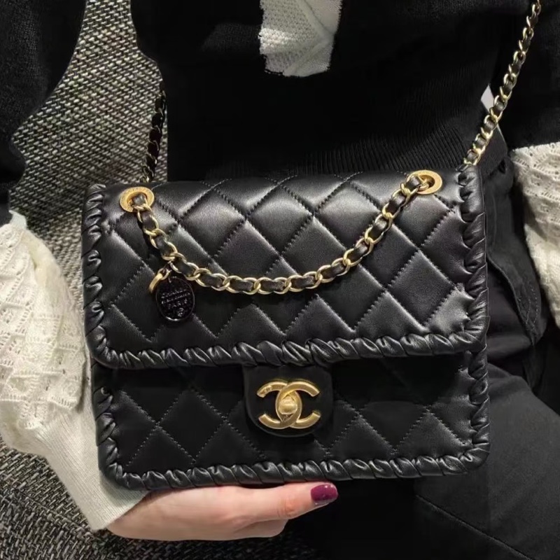 高級百搭款💎限時低價😍Chanel香奈兒黑金康鵬金幣鏈條菱格紋滾邊22年早春新款豆腐包單肩斜挎手提包-2