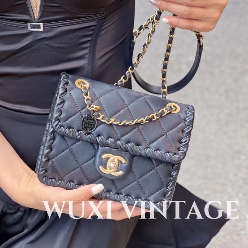 高級百搭款💎限時低價😍Chanel香奈兒黑金康鵬金幣鏈條菱格紋滾邊22年早春新款豆腐包單肩斜挎手提包-7