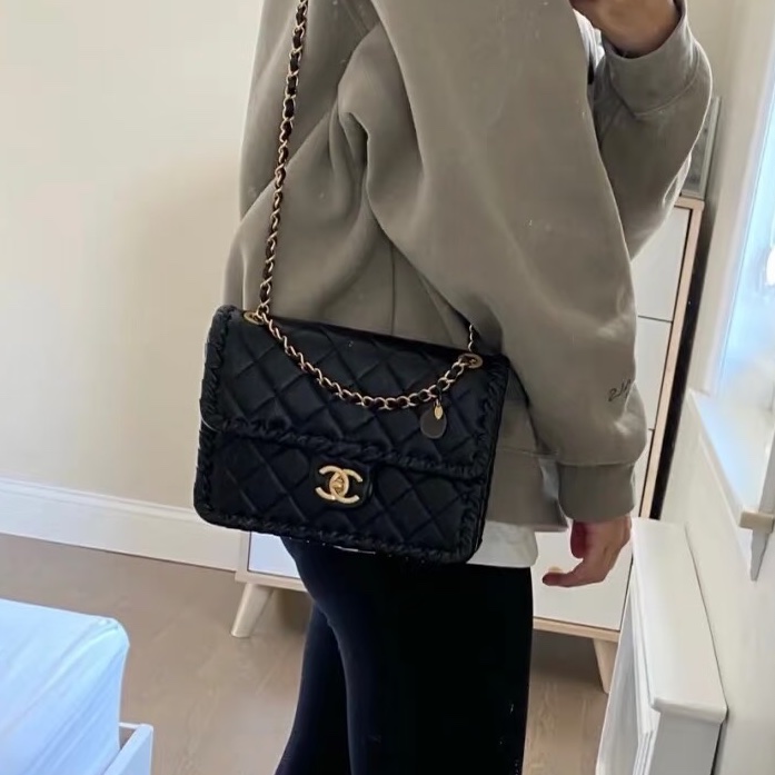 高級百搭款💎限時低價😍Chanel香奈兒黑金康鵬金幣鏈條菱格紋滾邊22年早春新款豆腐包單肩斜挎手提包-8