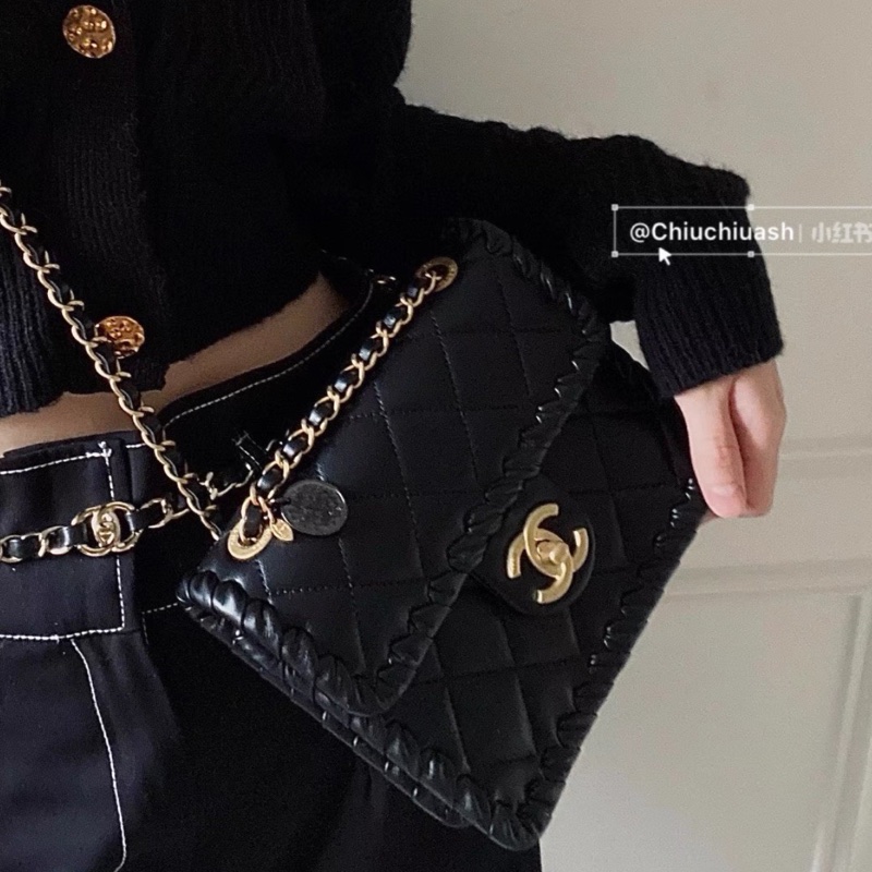 高級百搭款💎限時低價😍Chanel香奈兒黑金康鵬金幣鏈條菱格紋滾邊22年早春新款豆腐包單肩斜挎手提包-9