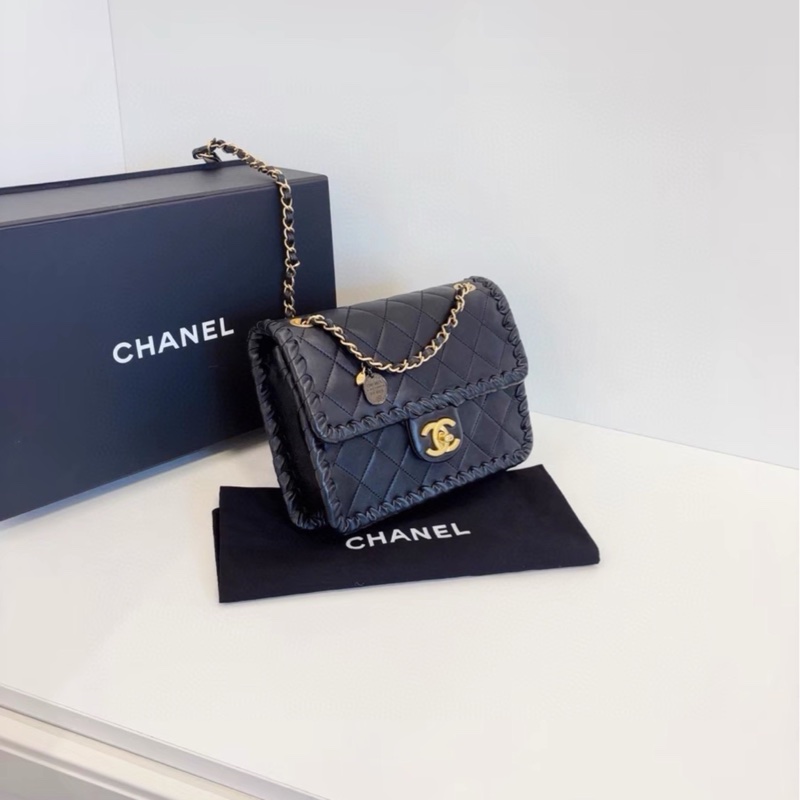 高級百搭款💎限時低價😍Chanel香奈兒黑金康鵬金幣鏈條菱格紋滾邊22年早春新款豆腐包單肩斜挎手提包-12