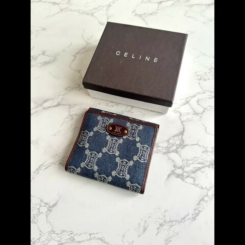 【LA LUNE】絕版古董包 Celine 牛仔藍凱旋門短夾 銀包 皮夾 中古包 二手包
