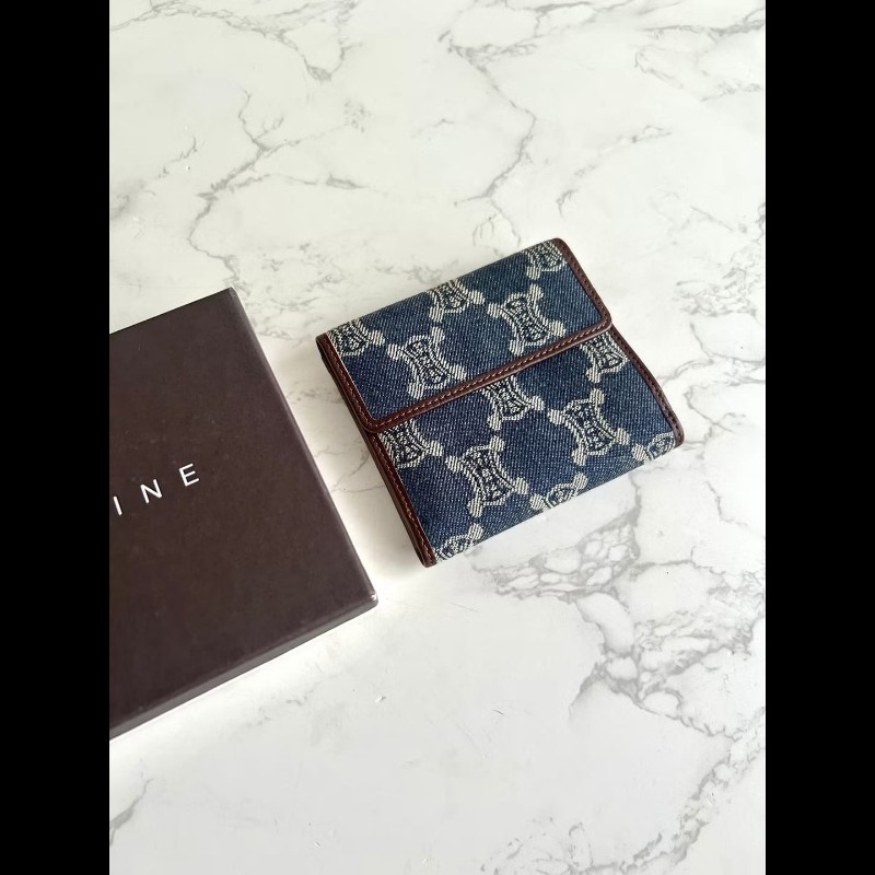 【LA LUNE】絕版古董包 Celine 牛仔藍凱旋門短夾 銀包 皮夾 中古包 二手包-1