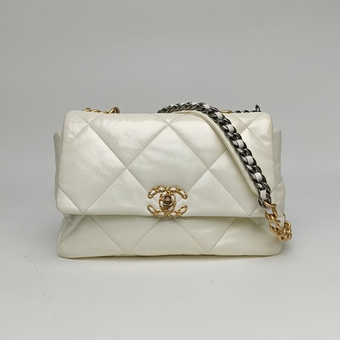 CHANEL 19BAG口蓋包中號30白色牛皮30開金銀扣肩背包