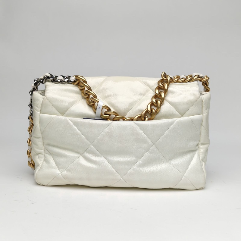CHANEL 19BAG口蓋包中號30白色牛皮30開金銀扣肩背包-2
