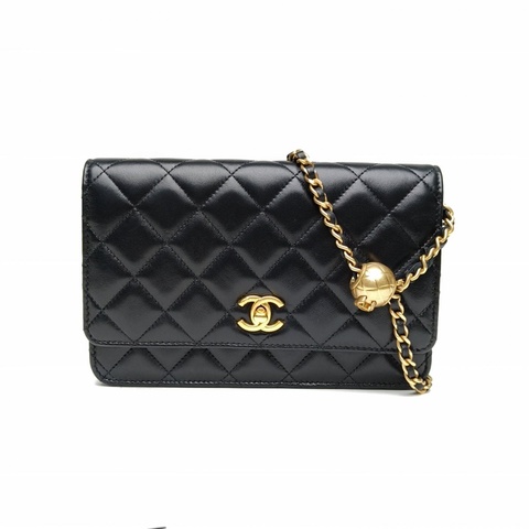 CHANEL CFWOC黑色羊皮晶片開金扣金球調節扣肩背包