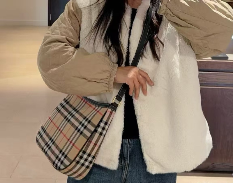 Burberry博柏利 經典格紋設計 棉 斜挎單肩包 女款 棕色-4