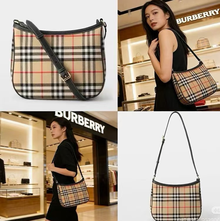 Burberry博柏利 經典格紋設計 棉 斜挎單肩包 女款 棕色-5