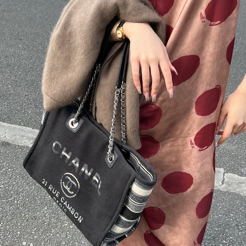 CHANEL 條紋中號肩背沙灘包 34*27*15 98新配件塵袋-0