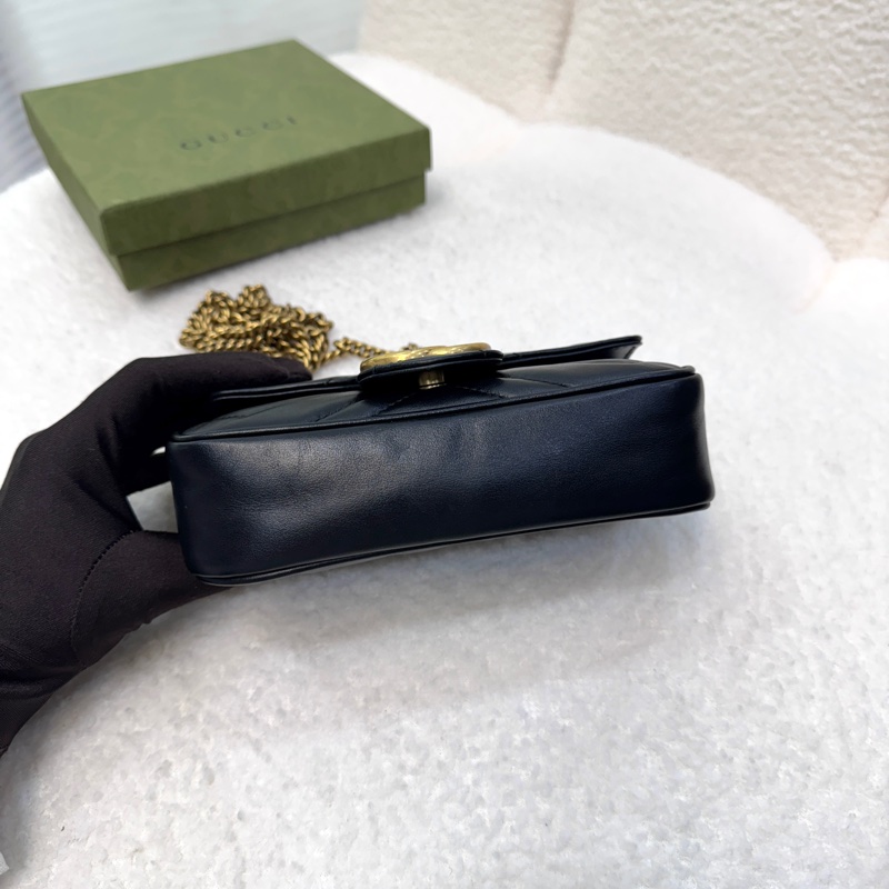 古馳馬夢GUCCI黑色絎縫牛皮GG Marmont mini斜背鏈帶包476433-10