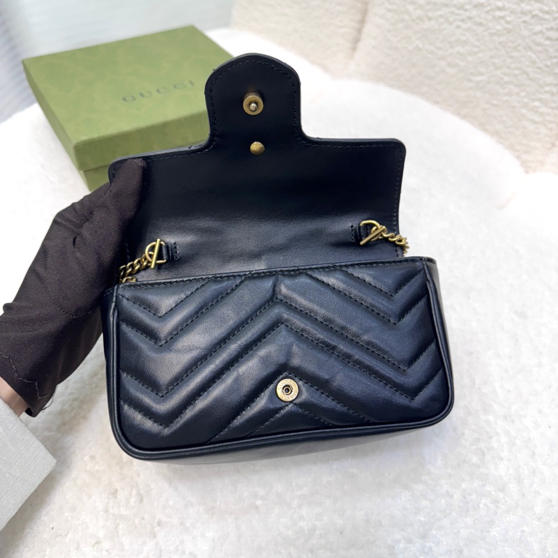 古馳馬夢GUCCI黑色絎縫牛皮GG Marmont mini斜背鏈帶包476433-13