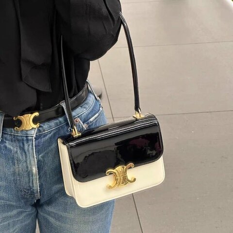 Celine GARANCE 漆面牛皮 肩背手提包 黑白巧克力拼色 18.5x13x6cm  99新配件塵袋