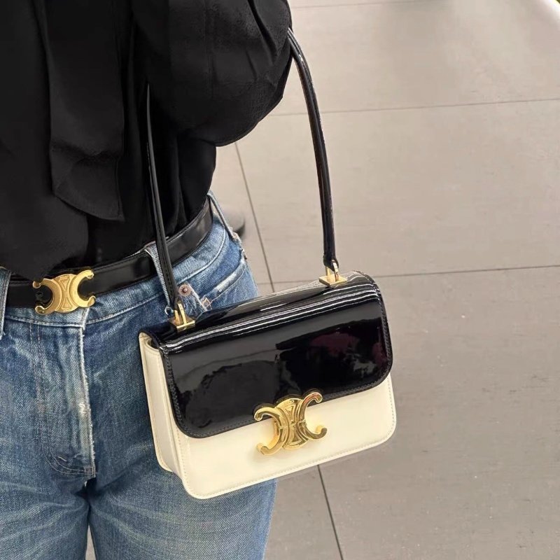 Celine GARANCE 漆面牛皮 肩背手提包 黑白巧克力拼色 18.5x13x6cm 99新配件塵袋-0