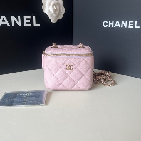 98新 Chanel/香奈兒 21S櫻花粉荔枝牛小盒子 31開 卡標齊全
