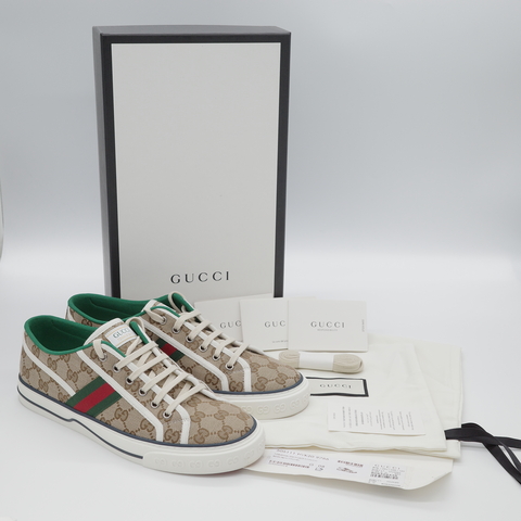 Gucci古馳Tennis 1977  GG  米色 帆布綠紅織帶運動鞋