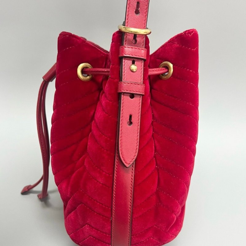 GUCCI 紅色絲絨馬蒙 marmont水桶包 手提肩背斜背包21x22cm 98新配件鏈條 塵袋-3