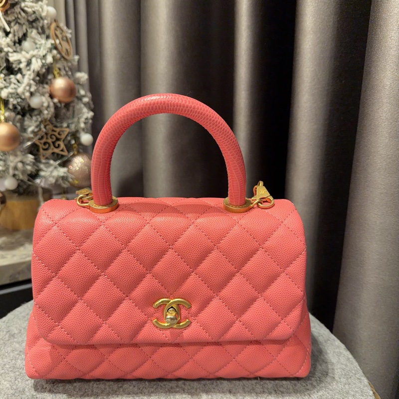 Chanel coco handle 24cm 粉色 荔枝牛皮 95新-0