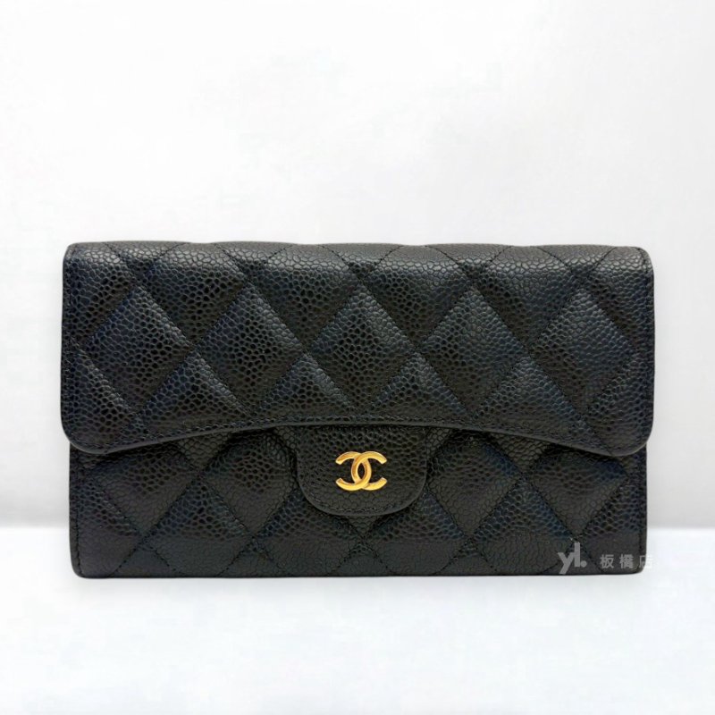 S5544-CHANEL Coco黑荔枝皮金釦三折對開長夾A31506-1
