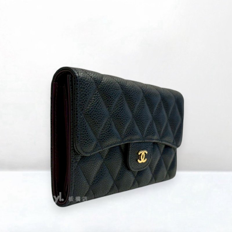 S5544-CHANEL Coco黑荔枝皮金釦三折對開長夾A31506-3