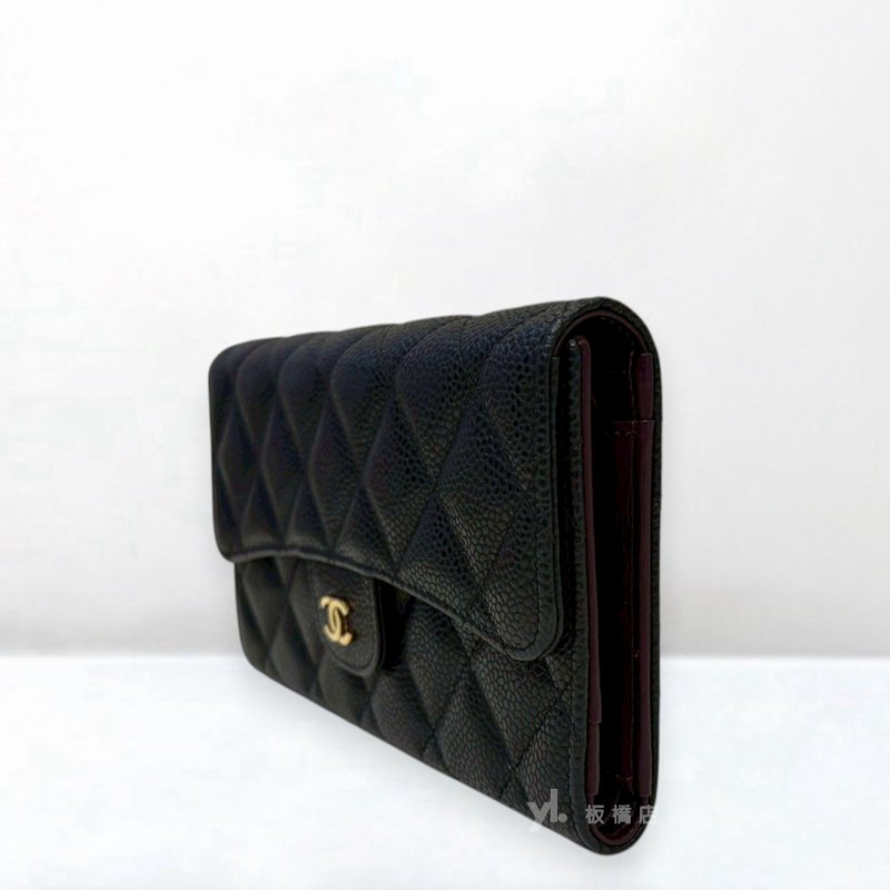 S5544-CHANEL Coco黑荔枝皮金釦三折對開長夾A31506-4