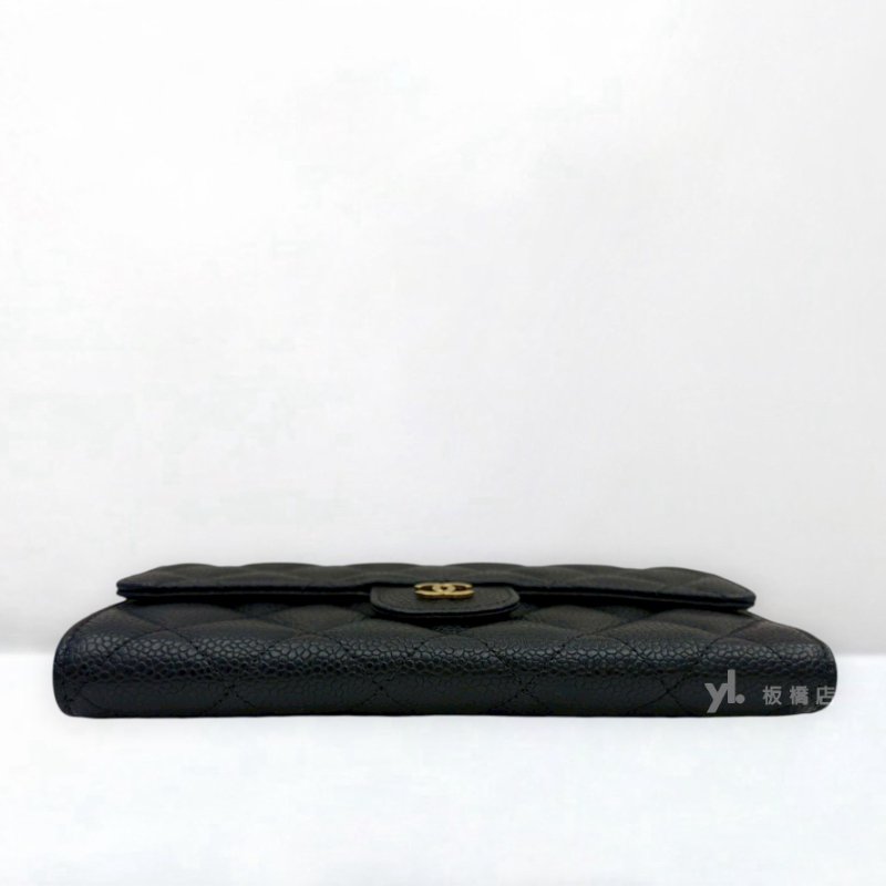 S5544-CHANEL Coco黑荔枝皮金釦三折對開長夾A31506-5