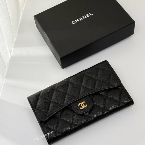 S5544-CHANEL  Coco黑荔枝皮金釦三折對開長夾A31506