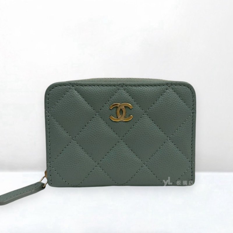 S5546-CHANEL 灰綠色荔枝皮金釦零錢包AP1958-1