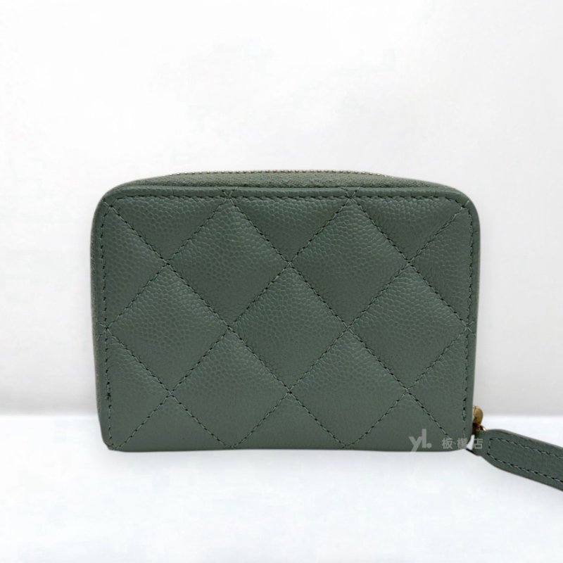 S5546-CHANEL 灰綠色荔枝皮金釦零錢包AP1958-2