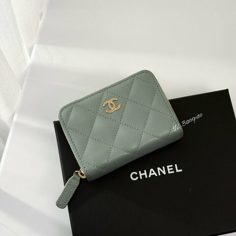 S5546-CHANEL 灰綠色荔枝皮金釦零錢包AP1958