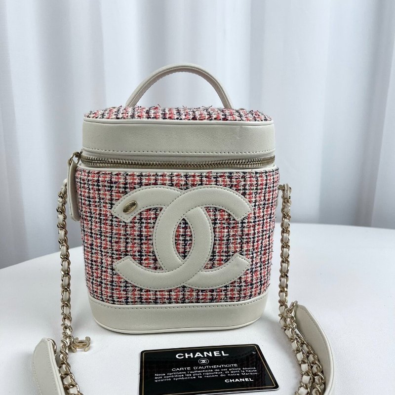 CHANEL 粉色毛呢拼色編織 金扣 手提肩背斜背水桶包 16*14 98新配件塵袋-1