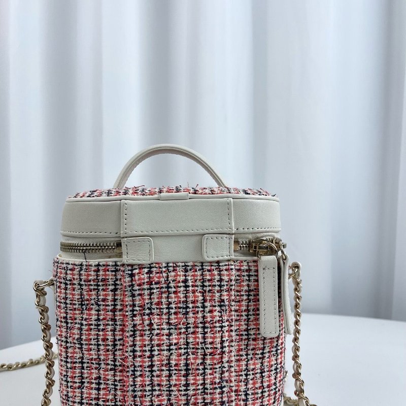 CHANEL 粉色毛呢拼色編織 金扣 手提肩背斜背水桶包 16*14 98新配件塵袋-6