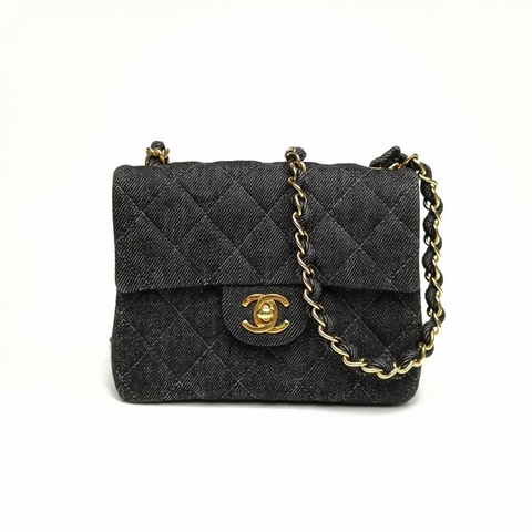 CHANEL 黑色牛仔5開金扣中古丹寧方胖子肩背包