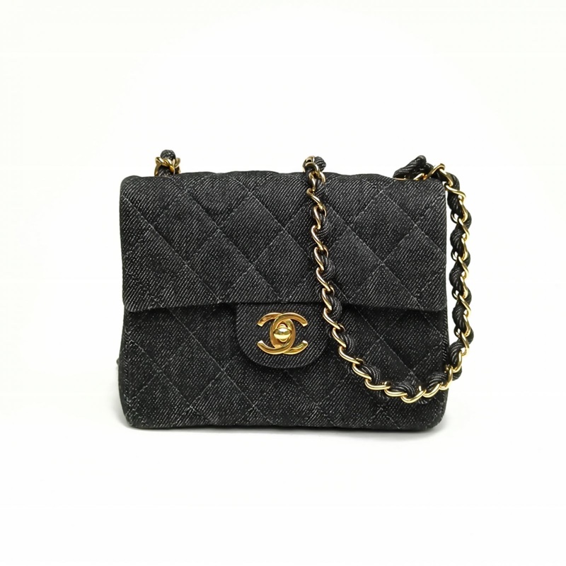CHANEL 黑色牛仔5開金扣中古丹寧方胖子肩背包-0
