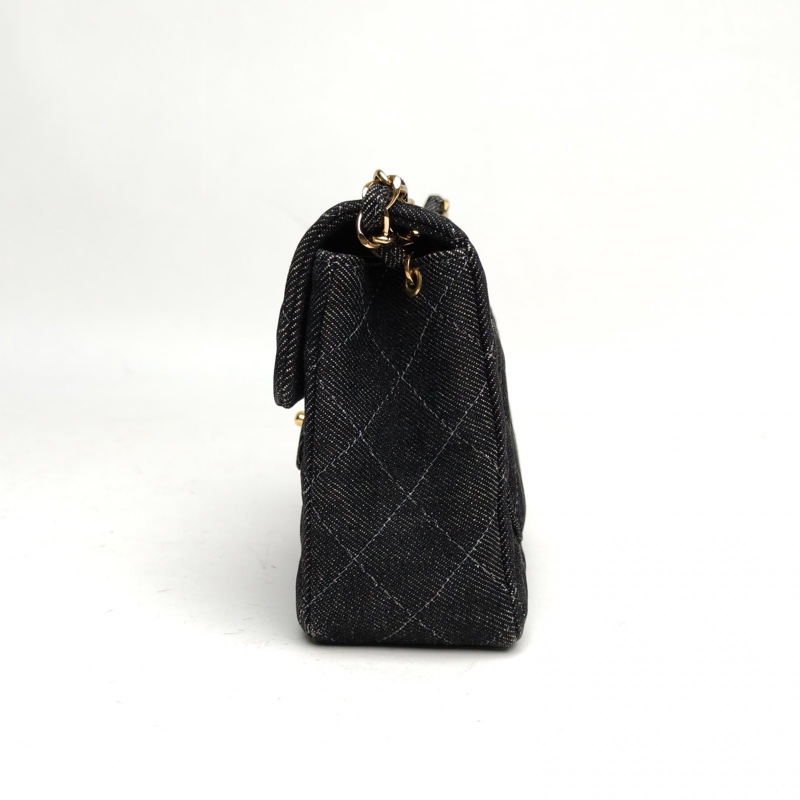 CHANEL 黑色牛仔5開金扣中古丹寧方胖子肩背包-1