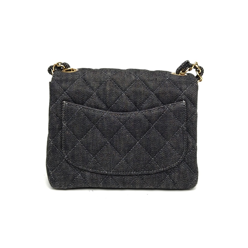 CHANEL 黑色牛仔5開金扣中古丹寧方胖子肩背包-2