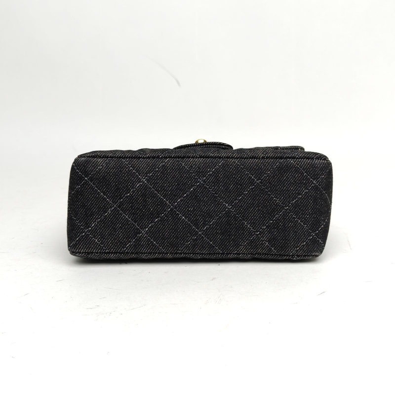 CHANEL 黑色牛仔5開金扣中古丹寧方胖子肩背包-3
