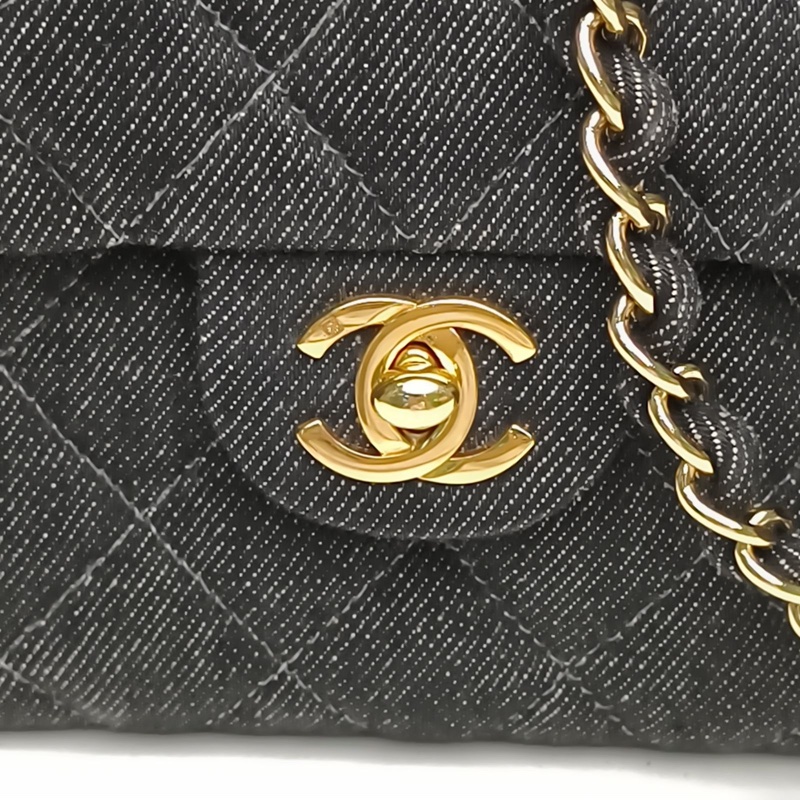 CHANEL 黑色牛仔5開金扣中古丹寧方胖子肩背包-4