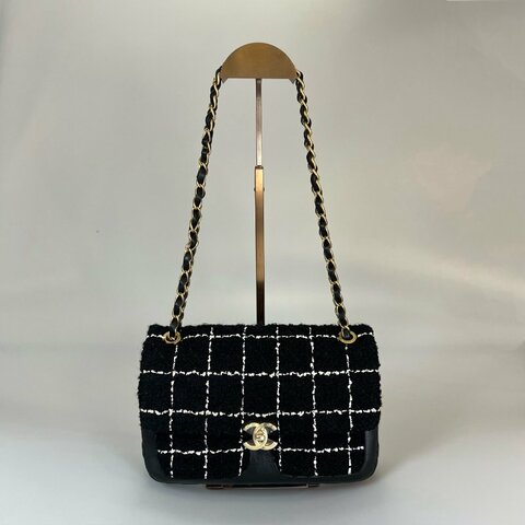 CHANEL CF季節款毛呢格紋側肩包 AS4459/晶片款