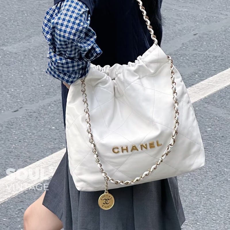 富家千金💎99新🈶購證❤️🔥Chanel香奈兒白金小號22bag垃圾袋單肩手提包-1