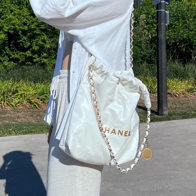 富家千金💎99新🈶購證❤️🔥Chanel香奈兒白金小號22bag垃圾袋單肩手提包-5