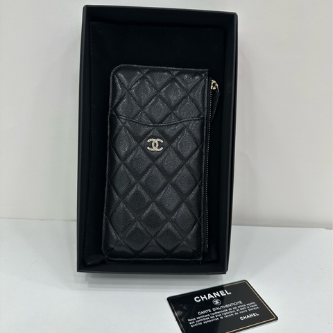 Chanel 香奈兒 黑銀荔枝牛皮 手機包 長卡包 29開 有卡