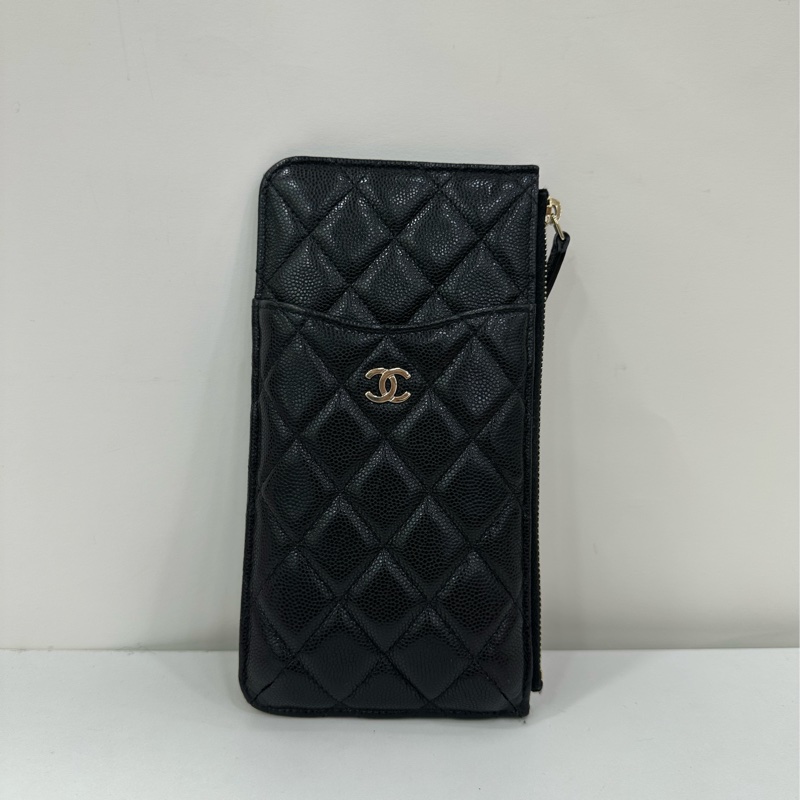 Chanel 香奈兒 黑銀荔枝牛皮 手機包 長卡包 29開 有卡-1