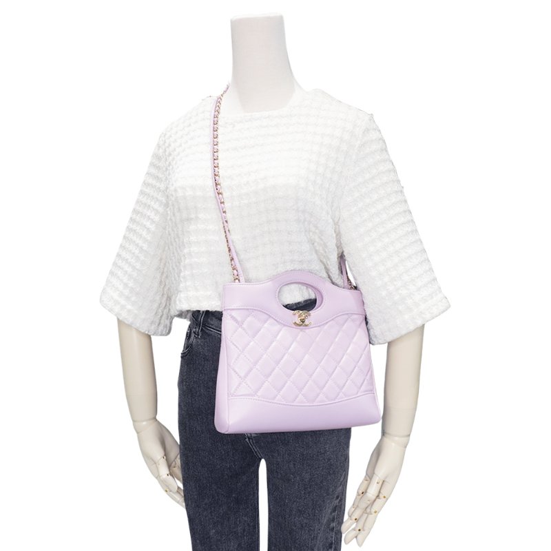 Chanel 展示品 31 Bag 油蠟羊皮金釦雙鍊手提斜背包-Mini(AS4133-粉紅)-5