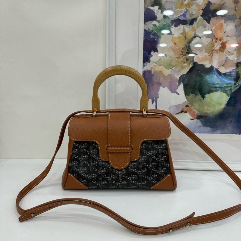 Goyard 戈雅 焦糖色 mini 西貢包 木質手柄 手提包 單肩斜挎包 21年編碼-1