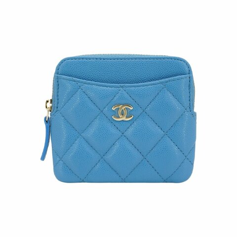 Chanel 淡金雙C菱格牛皮吐司零錢包(AP2061-藍)