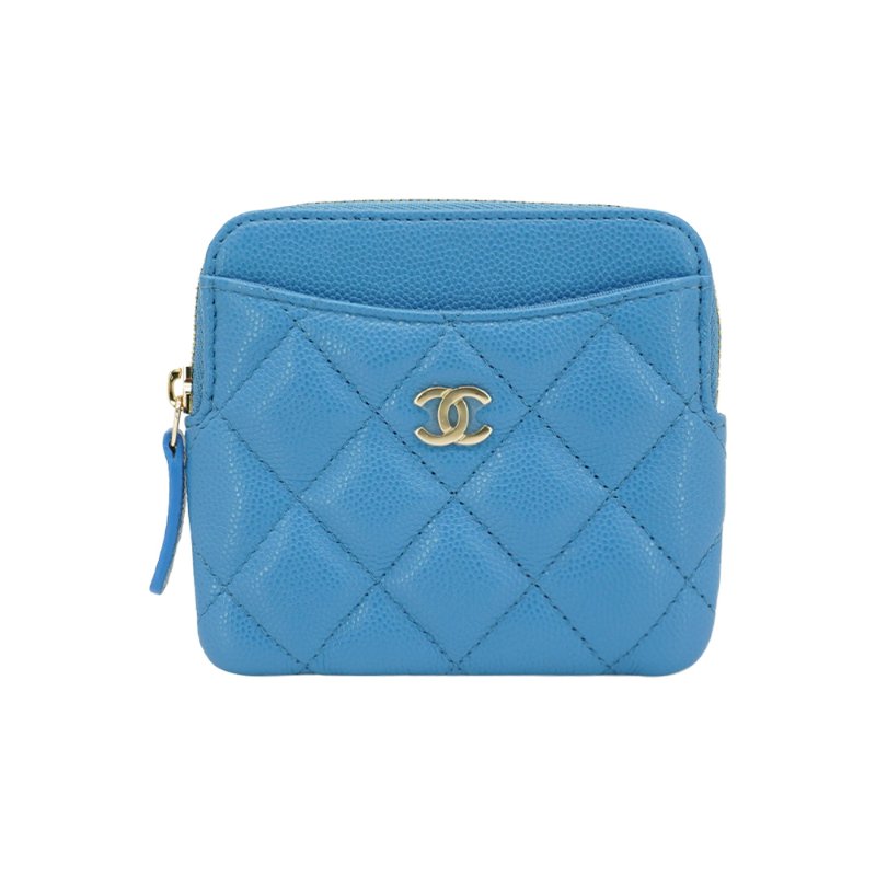 Chanel 淡金雙C菱格牛皮吐司零錢包(AP2061-藍)-0