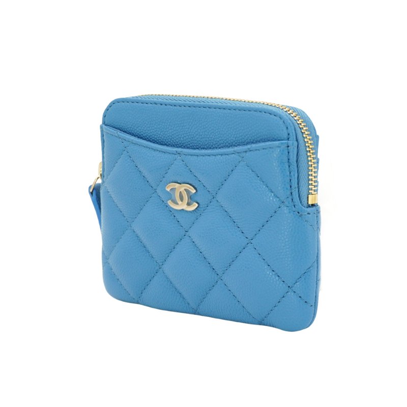 Chanel 淡金雙C菱格牛皮吐司零錢包(AP2061-藍)-1