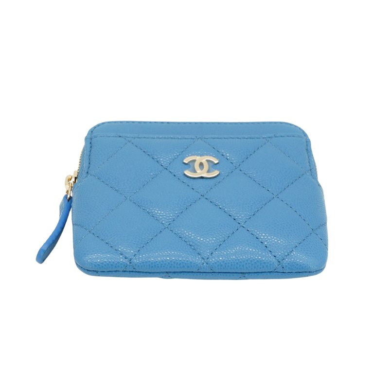 Chanel 淡金雙C菱格牛皮吐司零錢包(AP2061-藍)-3