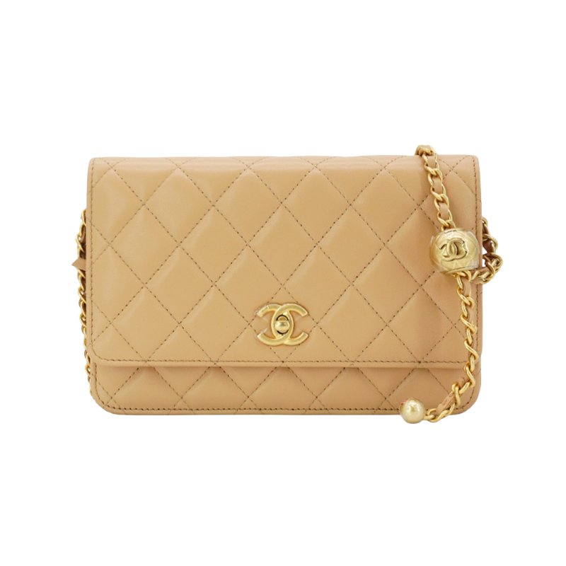 Chanel 展示品 金雙C菱格羊皮調節金球woc斜背包(AP1450-奶茶色)-0